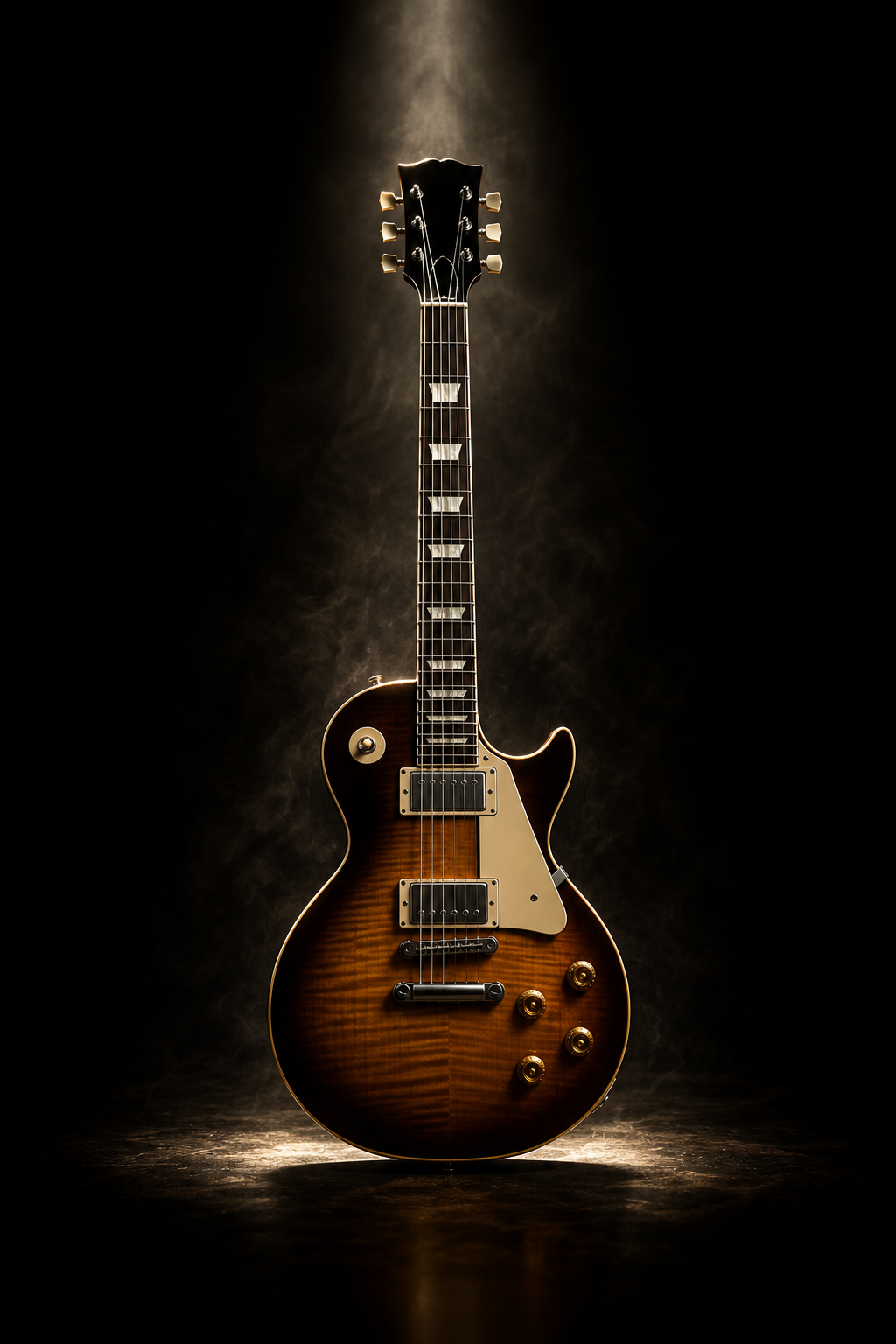 Single-cutaway electric guitar under a stage light