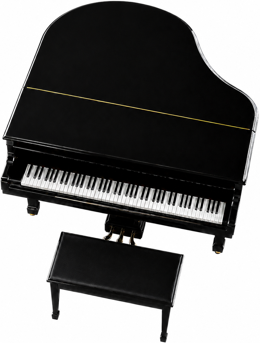 Black grand piano with its stool